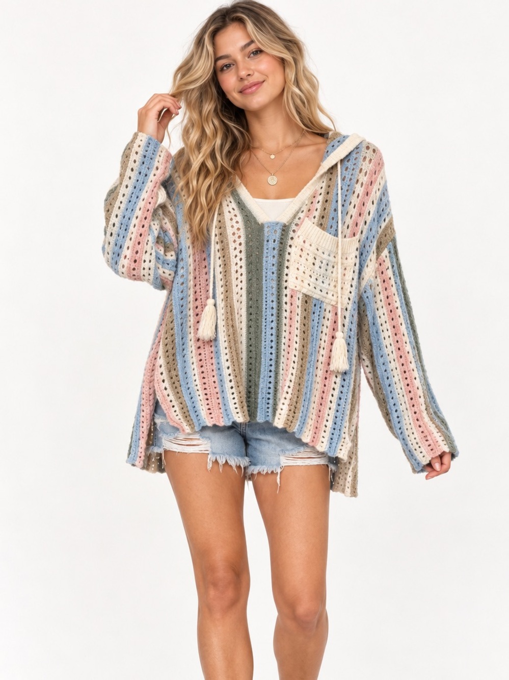 Oversized Crochet Knit Hooded Sweater Small Boho Pastel